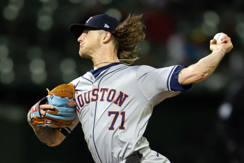 May 24, 2024; Oakland, California, USA; Houston Astros pitcher Josh Hader (71) delivers a pitch against the Oakland Athletics during the ninth inning at Oakland-Alameda County Coliseum. Mandatory Credit: D. Ross Cameron-USA TODAY Sports