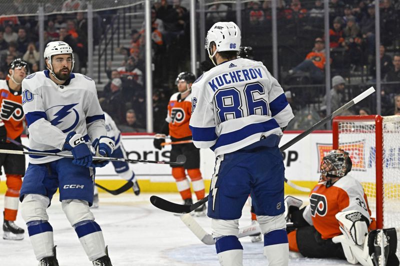 Jan 23, 2024; Philadelphia, Pennsylvania, USA; Tampa Bay Lightning right wing Nikita Kucherov (86) celebrates his goal with left wing Nicholas Paul (20) against the Philadelphia Flyers during the second period at Wells Fargo Center. Mandatory Credit: Eric Hartline-USA TODAY Sports