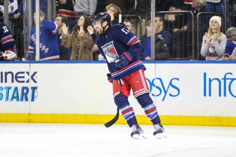 Jan 26, 2024; New York, New York, USA; New York Rangers right wing Blake Wheeler (17) circles back to the ice after scoring a goal in the first period against the Vegas Golden Knights at Madison Square Garden. Mandatory Credit: Wendell Cruz-USA TODAY Sports