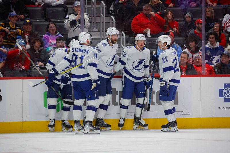 Jan 21, 2024; Detroit, Michigan, USA; The Tampa Bay Lightning celebrate a goal by defenseman Victor Hedman (77) during the first period at Little Caesars Arena. Mandatory Credit: Brian Bradshaw Sevald-USA TODAY Sports