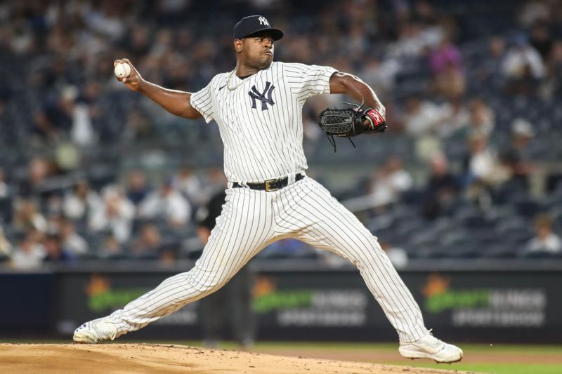 Sep 8, 2023; Bronx, New York, USA;  New York Yankees starting pitcher Luis Severino (40) pitches in the first inning against the Milwaukee Brewers at Yankee Stadium. Mandatory Credit: Wendell Cruz-USA TODAY Sports