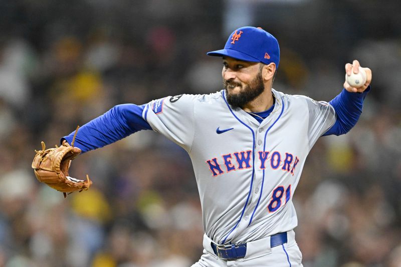 Aug 23, 2024; San Diego, California, USA; New York Mets relief pitcher Danny Young (81) pitches during the fifth inning against the San Diego Padres at Petco Park. Mandatory Credit: Denis Poroy-USA TODAY Sports