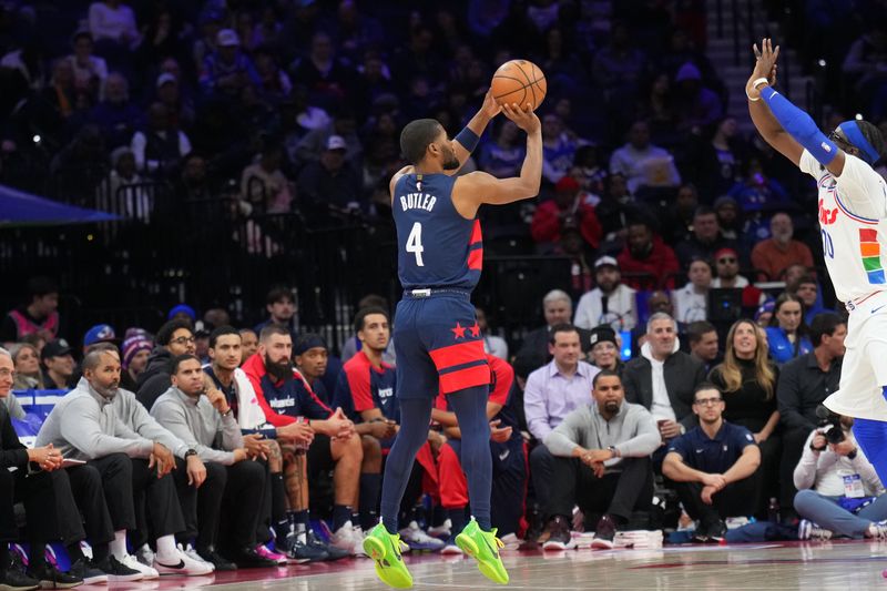 PHILADELPHIA, PA - JANUARY 8:  Jared Butler #4 of the Washington Wizards shoots the ball during the game against the Philadelphia 76ers on January 8, 2025 at the Wells Fargo Center in Philadelphia, Pennsylvania NOTE TO USER: User expressly acknowledges and agrees that, by downloading and/or using this Photograph, user is consenting to the terms and conditions of the Getty Images License Agreement. Mandatory Copyright Notice: Copyright 2025 NBAE (Photo by Jesse D. Garrabrant/NBAE via Getty Images)