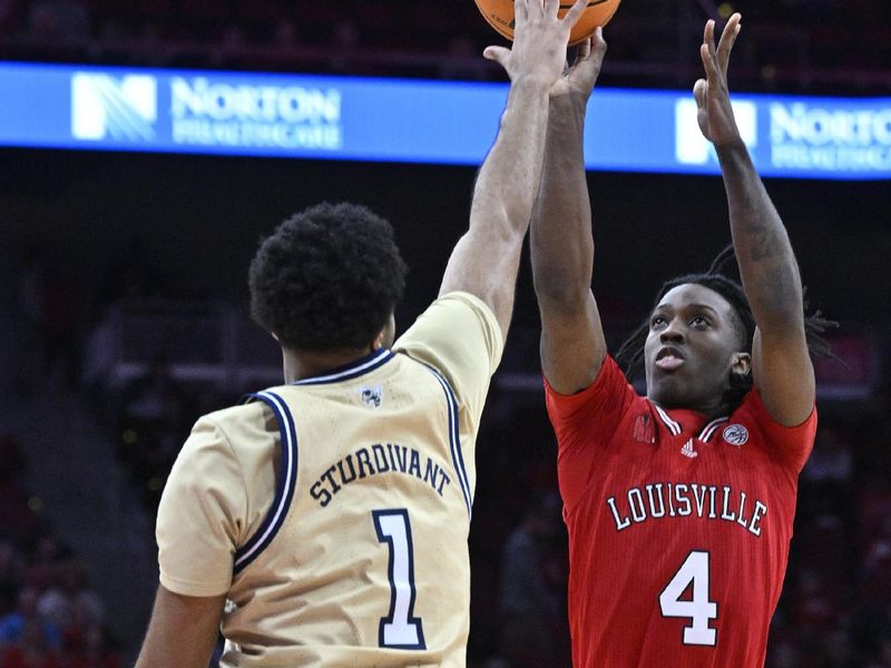 Feb 10, 2024; Louisville, Kentucky, USA; Louisville Cardinals guard Ty-Laur Johnson (4) shoots against Georgia Tech Yellow Jackets guard Kyle Sturdivant (1) during the second half at KFC Yum! Center. Louisville defeated Georgia Tech 79-67. Mandatory Credit: Jamie Rhodes-USA TODAY Sports