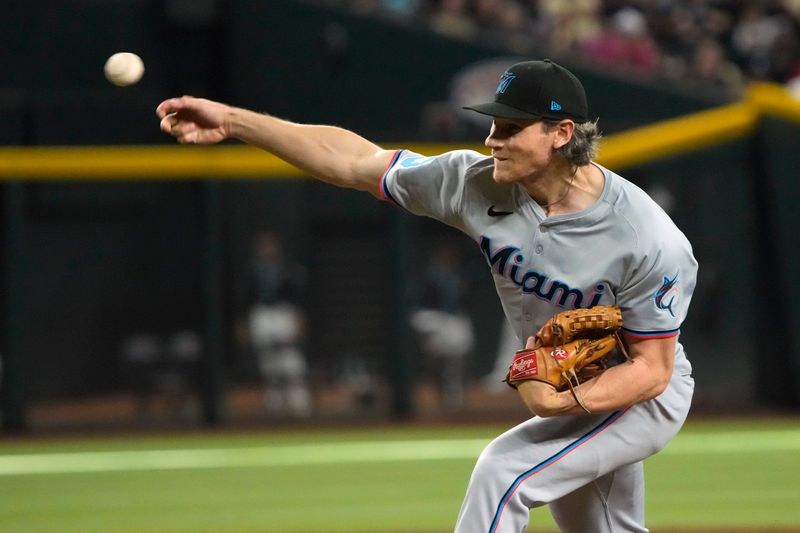 May 26, 2024; Phoenix, Arizona, USA; Miami Marlins pitcher Declan Cronin (51) throws against the Arizona Diamondbacks in the seventh inning at Chase Field. Mandatory Credit: Rick Scuteri-USA TODAY Sports