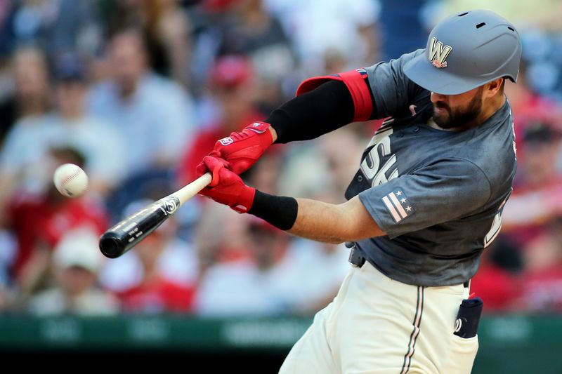 Sep 14, 2024; Washington, District of Columbia, USA; Washington Nationals first baseman Joey Gallo (24) hits a home run during the second inning of a baseball game against the Miami Marlins, at Nationals Park. Mandatory Credit: Daniel Kucin Jr.-Imagn Images