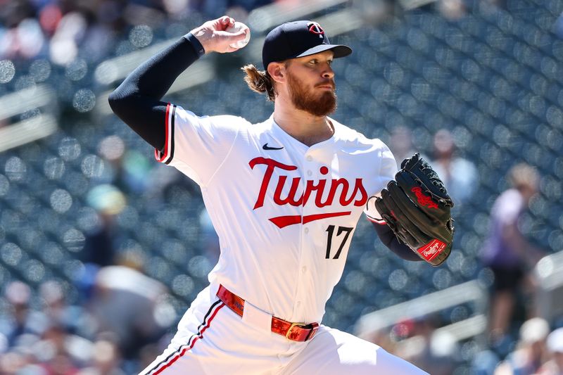 May 8, 2025; Minneapolis, Minnesota, USA; Minnesota Twins pitcher Bailey Ober (17) delivers a pitch against the Baltimore Orioles during the first inning at Target Field. Mandatory Credit: Matt Krohn-Imagn Images