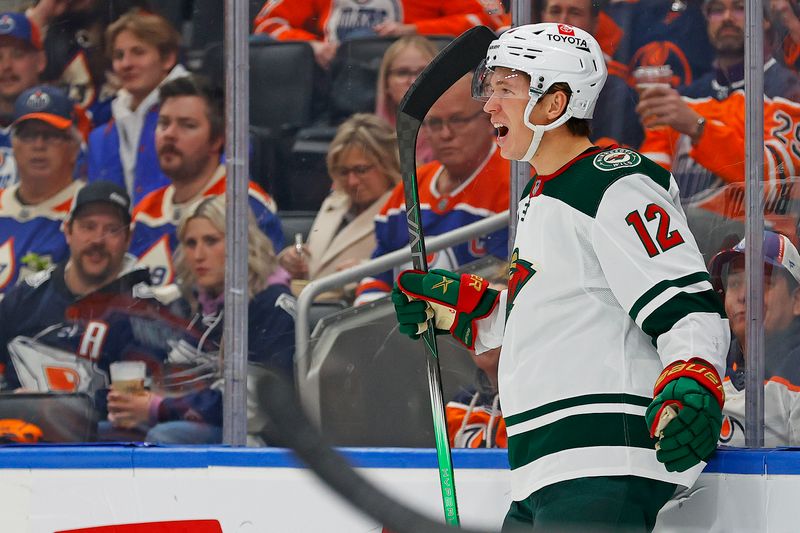 Dec 8, 2023; Edmonton, Alberta, CAN; Minnesota Wild forward Matt Boldy (12) celebrates his goal during the second period against the Edmonton Oilers at Rogers Place. Mandatory Credit: Perry Nelson-USA TODAY Sports