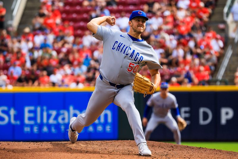 Sep 21, 2025; Cincinnati, Ohio, USA; Chicago Cubs starting pitcher Jameson Taillon (50) pitches against the Cincinnati Reds in the second inning at Great American Ball Park. Mandatory Credit: Katie Stratman-Imagn Images