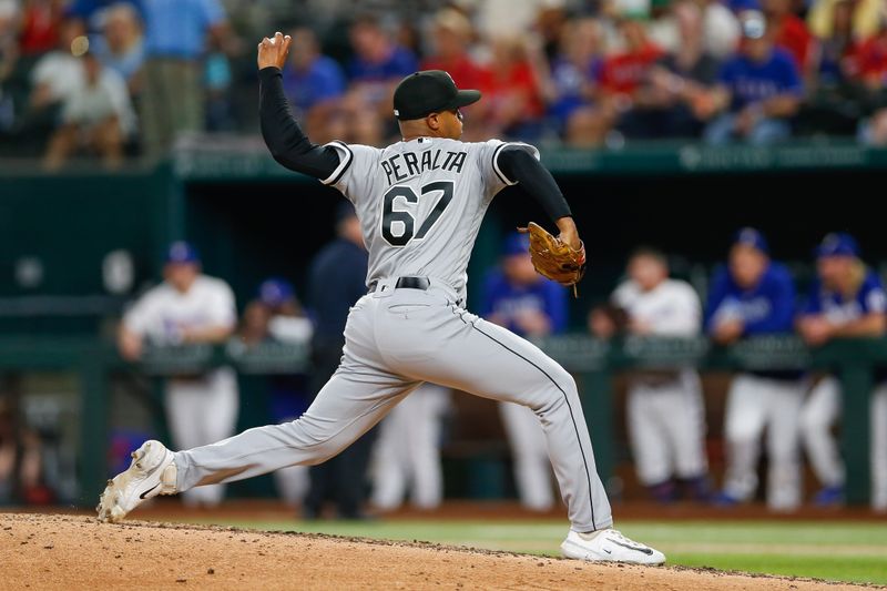 Aug 2, 2023; Arlington, Texas, USA; Chicago White Sox relief pitcher Sammy Peralta (67) throws during the eighth inning against the Texas Rangers at Globe Life Field. Mandatory Credit: Andrew Dieb-USA TODAY Sports