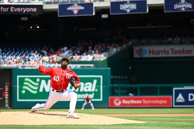 May 21, 2023; Washington, District of Columbia, USA; Washington Nationals starting pitcher Josiah Gray (40) throws to the Detroit Tigers during the first inning at Nationals Park. Mandatory Credit: Brad Mills-USA TODAY Sports