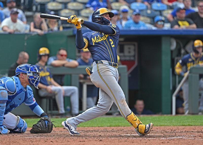 May 8, 2024; Kansas City, Missouri, USA;  Milwaukee Brewers second baseman Brice Turang (2) doubles in a run in the ninth inning against the Kansas City Royals at Kauffman Stadium. Mandatory Credit: Peter Aiken-USA TODAY Sports