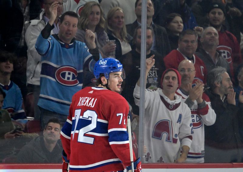 Feb 21, 2024; Montreal, Quebec, CAN; Montreal Canadiens defenseman Arber Xhekaj (72) celebrates after scoring a goal against the Buffalo Sabres during the first period at the Bell Centre. Mandatory Credit: Eric Bolte-USA TODAY Sports