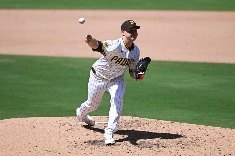 Apr 30, 2025; San Diego, California, USA; San Diego Padres starting pitcher Michael King (34) delivers during the sixth inning against the San Francisco Giants at Petco Park. Mandatory Credit: Denis Poroy-Imagn Images