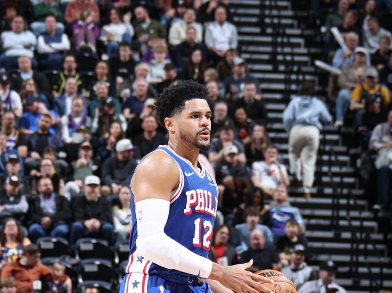 SALT LAKE CITY, UT - FEBRUARY 1: Tobias Harris #12 of the Philadelphia 76ers handles the ball during the game against the Utah Jazz on February 1, 2024 at Delta Center in Salt Lake City, Utah. NOTE TO USER: User expressly acknowledges and agrees that, by downloading and or using this Photograph, User is consenting to the terms and conditions of the Getty Images License Agreement. Mandatory Copyright Notice: Copyright 2024 NBAE (Photo by Melissa Majchrzak/NBAE via Getty Images)