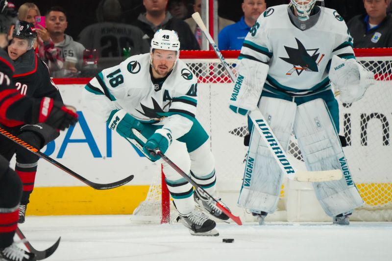 Oct 27, 2023; Raleigh, North Carolina, USA; San Jose Sharks center Tomas Hertl (48) skates with the puck against the Carolina Hurricanes during the second period at PNC Arena. Mandatory Credit: James Guillory-USA TODAY Sports