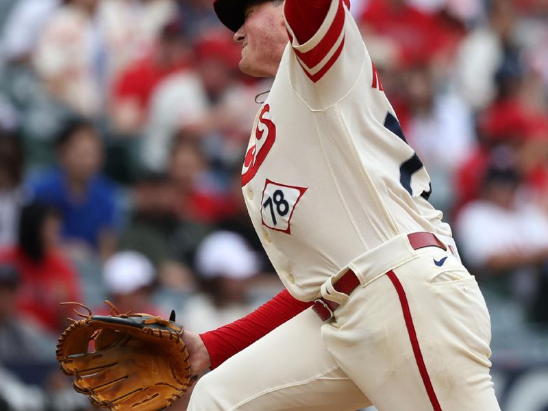 Sep 17, 2023; Anaheim, California, USA; Los Angeles Angels relief pitcher Kenny Rosenberg (78) pitches during the fifth inning against the Detroit Tigers at Angel Stadium. Mandatory Credit: Kiyoshi Mio-USA TODAY Sports