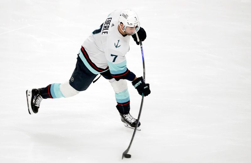 Jan 15, 2024; Pittsburgh, Pennsylvania, USA; Seattle Kraken right wing Jordan Eberle (7) warms up before the game against the Pittsburgh Penguins at PPG Paints Arena. Mandatory Credit: Charles LeClaire-USA TODAY Sports