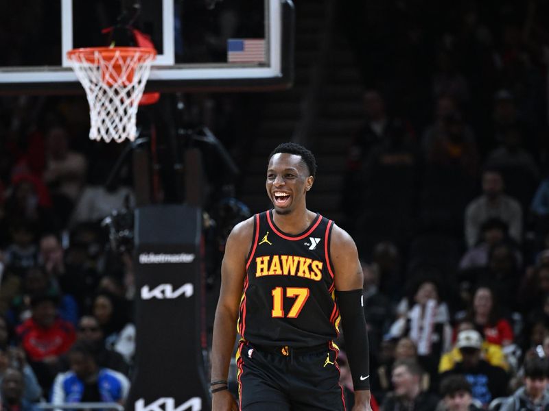 ATLANTA, GA - JANUARY 12: Onyeka Okongwu #17 of the Atlanta Hawks smiles during the game against the Indiana Pacers on January 12, 2024 at State Farm Arena in Atlanta, Georgia.  NOTE TO USER: User expressly acknowledges and agrees that, by downloading and/or using this Photograph, user is consenting to the terms and conditions of the Getty Images License Agreement. Mandatory Copyright Notice: Copyright 2024 NBAE (Photo by Adam Hagy/NBAE via Getty Images)