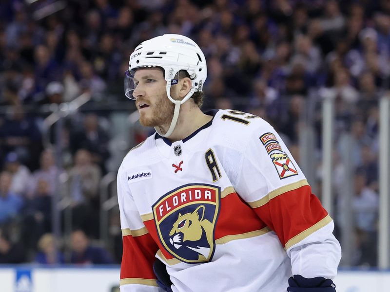 May 22, 2024; New York, New York, USA; Florida Panthers left wing Matthew Tkachuk (19) skates against the New York Rangers during the second period of game one of the Eastern Conference Final of the 2024 Stanley Cup Playoffs at Madison Square Garden. Mandatory Credit: Brad Penner-USA TODAY Sports