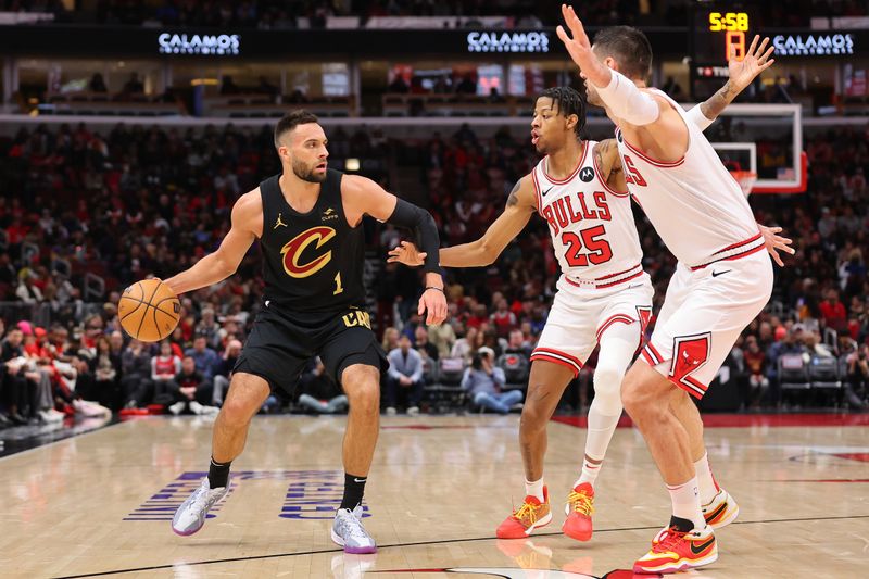 CHICAGO, ILLINOIS - FEBRUARY 28: Max Strus #1 of the Cleveland Cavaliers is double teamed by Dalen Terry #25 and Nikola Vucevic #9 of the Chicago Bulls during the first half at the United Center on February 28, 2024 in Chicago, Illinois. NOTE TO USER: User expressly acknowledges and agrees that, by downloading and or using this photograph, User is consenting to the terms and conditions of the Getty Images License Agreement. (Photo by Michael Reaves/Getty Images)