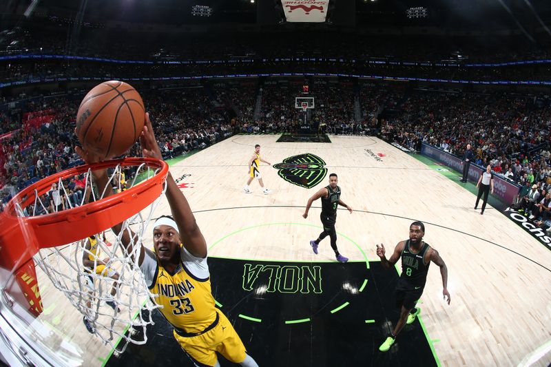 NEW ORLEANS, LA - MARCH 1:  Myles Turner #33 of the Indiana Pacers drives to the basket during the game against the New Orleans Pelicans on March 1, 2024 at the Smoothie King Center in New Orleans, Louisiana. NOTE TO USER: User expressly acknowledges and agrees that, by downloading and or using this Photograph, user is consenting to the terms and conditions of the Getty Images License Agreement. Mandatory Copyright Notice: Copyright 2024 NBAE (Photo by Layne Murdoch Jr./NBAE via Getty Images)