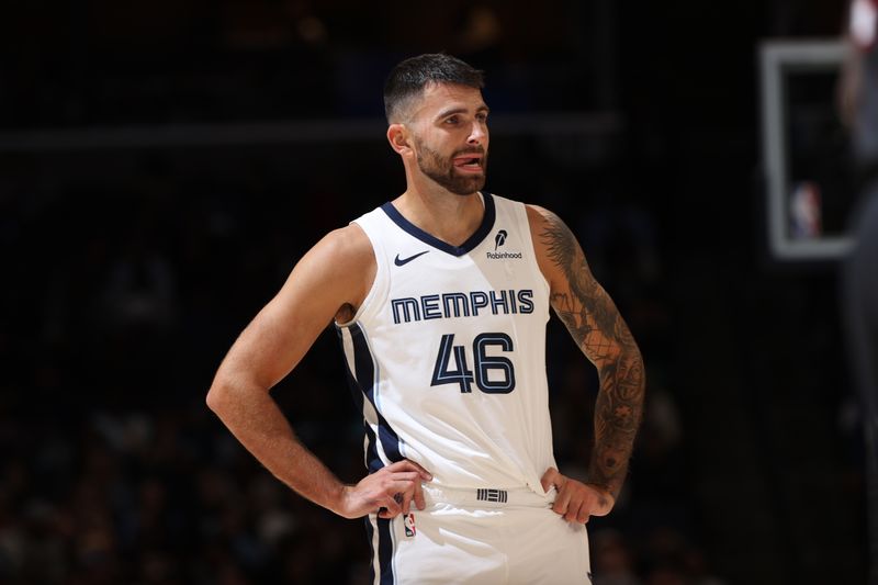 MEMPHIS, TN - OCTOBER 18: John Konchar #46 of the Memphis Grizzlies looks on during the game against the Miami Heat during a NBA pre season game on October 18, 2024 at FedExForum in Memphis, Tennessee. NOTE TO USER: User expressly acknowledges and agrees that, by downloading and or using this photograph, User is consenting to the terms and conditions of the Getty Images License Agreement. Mandatory Copyright Notice: Copyright 2024 NBAE (Photo by Joe Murphy/NBAE via Getty Images)