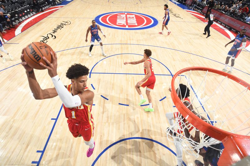 DETROIT, MI - NOVEMBER 8: Jalen Johnson #1 of the Atlanta Hawks goes up for the rebound during the game against the Detroit Pistons on November  8, 2024 at Little Caesars Arena in Detroit, Michigan. NOTE TO USER: User expressly acknowledges and agrees that, by downloading and/or using this photograph, User is consenting to the terms and conditions of the Getty Images License Agreement. Mandatory Copyright Notice: Copyright 2024 NBAE (Photo by Chris Schwegler/NBAE via Getty Images)