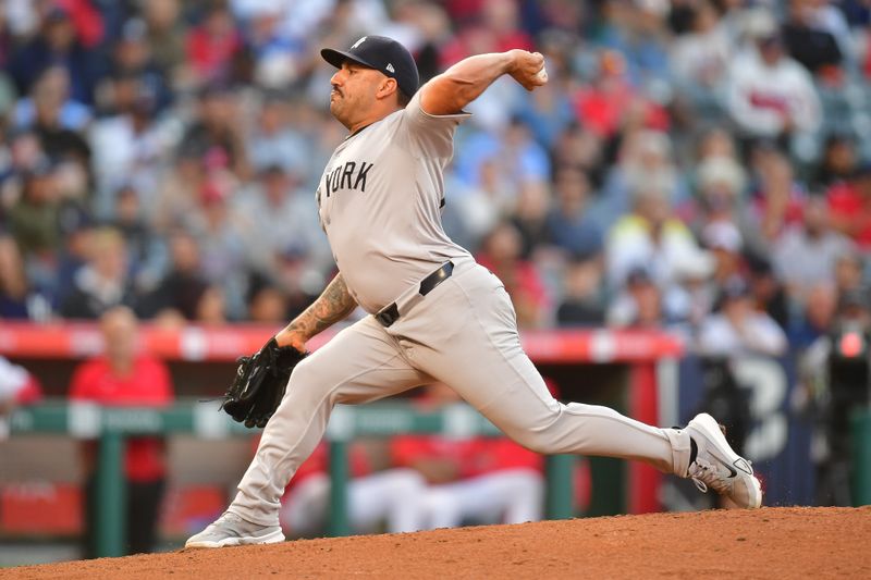 May 28, 2024; Anaheim, California, USA; New York Yankees pitcher Nestor Cortes (65) throws against the Los Angeles Angels during the second inning at Angel Stadium. Mandatory Credit: Gary A. Vasquez-USA TODAY Sports