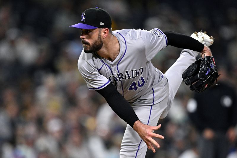 May 13, 2024; San Diego, California, USA; Colorado Rockies relief pitcher Tyler Kinley (40) throws a pitch against the San Diego Padres during the ninth inning at Petco Park. Mandatory Credit: Orlando Ramirez-USA TODAY Sports