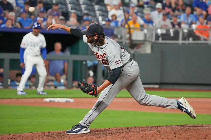 Sep 16, 2024; Kansas City, Missouri, USA; Detroit Tigers relief pitcher Jason Foley (68) delivers a pitch against the Kansas City Royals in the ninth inning at Kauffman Stadium. Mandatory Credit: Denny Medley-Imagn Images