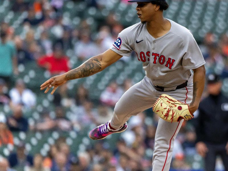 May 13, 2025; Detroit, Michigan, USA; Boston Red Sox starting pitcher Brayan Bello (66) delivers against the Detroit Tigers in the first inning at Comerica Park. Mandatory Credit: David Reginek-Imagn Images