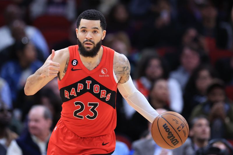 HOUSTON, TEXAS - FEBRUARY 03: Fred VanVleet #23 of the Toronto Raptors controls the ball against the Houston Rockets during the second half at Toyota Center on February 03, 2023 in Houston, Texas. NOTE TO USER: User expressly acknowledges and agrees that, by downloading and or using this photograph, User is consenting to the terms and conditions of the Getty Images License Agreement. (Photo by Carmen Mandato/Getty Images)