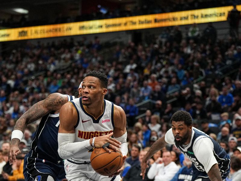 DALLAS, TX - JANUARY 12: Russell Westbrook #4 of the Denver Nuggets handles the ball during the game against the Dallas Mavericks on January 12, 2025 at American Airlines Center in Dallas, Texas. NOTE TO USER: User expressly acknowledges and agrees that, by downloading and or using this photograph, User is consenting to the terms and conditions of the Getty Images License Agreement. Mandatory Copyright Notice: Copyright 2025 NBAE (Photo by Glenn James/NBAE via Getty Images)