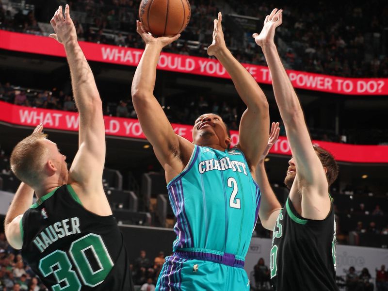 CHARLOTTE, NC - APRIL 1: Grant Williams #2 of the Charlotte Hornets drives to the basket during the game against the Boston Celtics on April 1, 2024 at Spectrum Center in Charlotte, North Carolina. NOTE TO USER: User expressly acknowledges and agrees that, by downloading and or using this photograph, User is consenting to the terms and conditions of the Getty Images License Agreement. Mandatory Copyright Notice: Copyright 2024 NBAE (Photo by Kent Smith/NBAE via Getty Images)