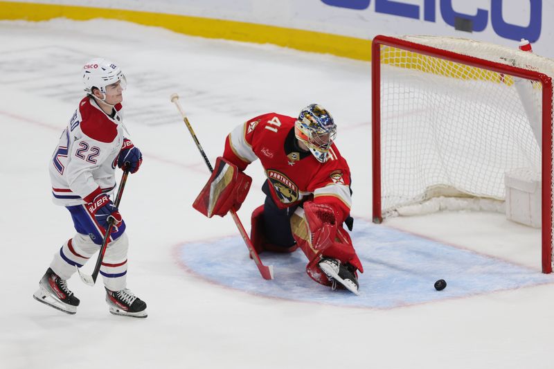 Feb 29, 2024; Sunrise, Florida, USA; Montreal Canadiens right wing Cole Caufield (22) scores a penalty against Florida Panthers goaltender Anthony Stolarz (41) during a shootout at Amerant Bank Arena. Mandatory Credit: Sam Navarro-USA TODAY Sports