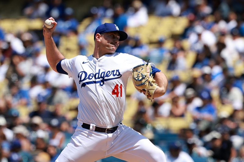 May 8, 2024; Los Angeles, California, USA;  Los Angeles Dodgers pitcher Daniel Hudson (41) pitches during the ninth inning against the Miami Marlins at Dodger Stadium. Mandatory Credit: Kiyoshi Mio-USA TODAY Sports