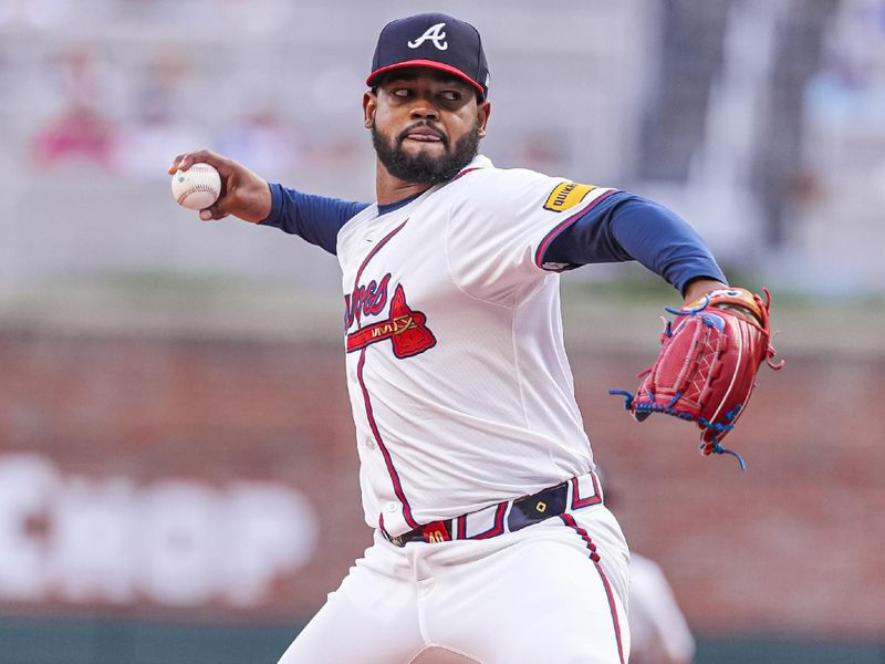 May 7, 2024; Cumberland, Georgia,USA; Atlanta Braves starting pitcher Reynaldo Lopez (40) pitches against the Boston Red Sox during the first inning at Truist Park. Mandatory Credit: Dale Zanine-USA TODAY Sports