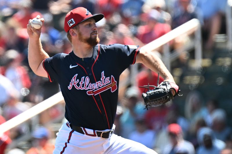 Mar 14, 2025; North Port, Florida, USA; Atlanta Braves starting pitcher Spencer Schwellenbach (56) throws a pitch in the first inning against the Washington Nationals during spring training at CoolToday Park. Mandatory Credit: Jonathan Dyer-Imagn Images