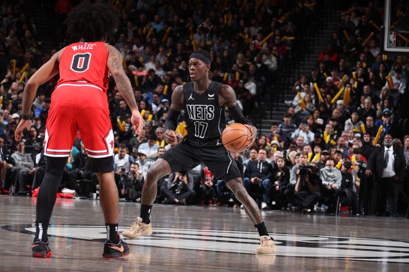 BROOKLYN, NY - MARCH 29: Dennis Schroder #17 of the Brooklyn Nets dribbles the ball during the game against the Chicago Bulls on March 29, 2024 at Barclays Center in Brooklyn, New York. NOTE TO USER: User expressly acknowledges and agrees that, by downloading and or using this Photograph, user is consenting to the terms and conditions of the Getty Images License Agreement. Mandatory Copyright Notice: Copyright 2024 NBAE (Photo by Nathaniel S. Butler/NBAE via Getty Images)