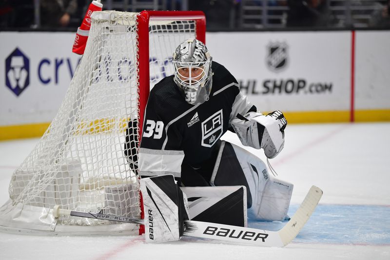 Dec 30, 2023; Los Angeles, California, USA; Los Angeles Kings goaltender Cam Talbot (39) defends the goal against the Edmonton Oilers during the first period at Crypto.com Arena. Mandatory Credit: Gary A. Vasquez-USA TODAY Sports