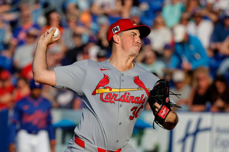 Mar 14, 2025; Port St. Lucie, Florida, USA;  St. Louis Cardinals pitcher Michael McGreevy (36) throws a pitch during the first inning against the New York Mets at Clover Park. Mandatory Credit: Reinhold Matay-Imagn Images