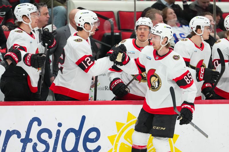 Feb 3, 2026; Raleigh, North Carolina, USA;  Ottawa Senators defenseman Jake Sanderson (85) celebrates his goal against the Carolina Hurricanes during the third period at Lenovo Center. Mandatory Credit: James Guillory-Imagn Images