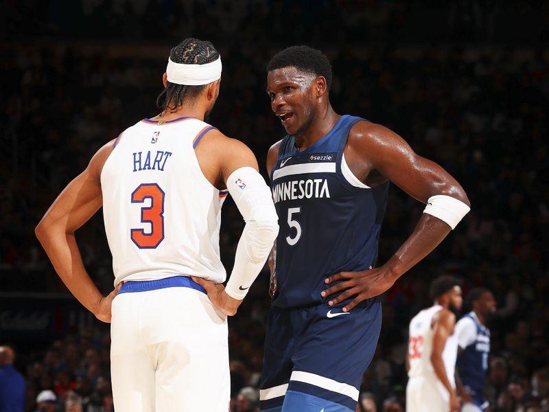 NEW YORK, NY - OCTOBER 13: Anthony Edwards #5 of the Minnesota Timberwolves speaks with Josh Hart #3 of the New York Knicks on October 13, 2024 at Madison Square Garden in New York City, New York.  NOTE TO USER: User expressly acknowledges and agrees that, by downloading and or using this photograph, User is consenting to the terms and conditions of the Getty Images License Agreement. Mandatory Copyright Notice: Copyright 2024 NBAE  (Photo by David L. Nemec/NBAE via Getty Images)