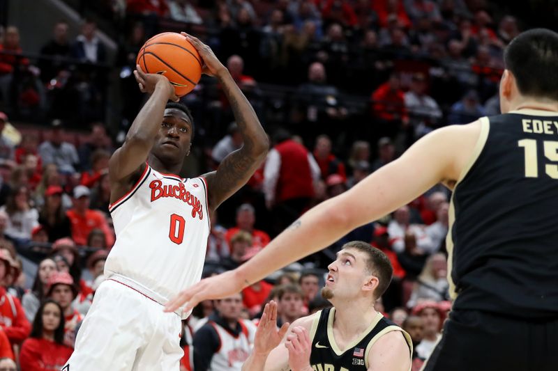 Feb 18, 2024; Columbus, Ohio, USA;  Ohio State Buckeyes guard Scotty Middleton (0) takes the jump shot during the second half against the Purdue Boilermakers at Value City Arena. Mandatory Credit: Joseph Maiorana-USA TODAY Sports