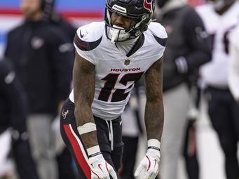 Houston Texans wide receiver Nico Collins (12) waits to run his route breaks off the line during their NFL football game against the Tennessee Titans, Sunday, Jan. 5, 2025, in Nashville, Tenn. (AP Photo/Wade Payne)