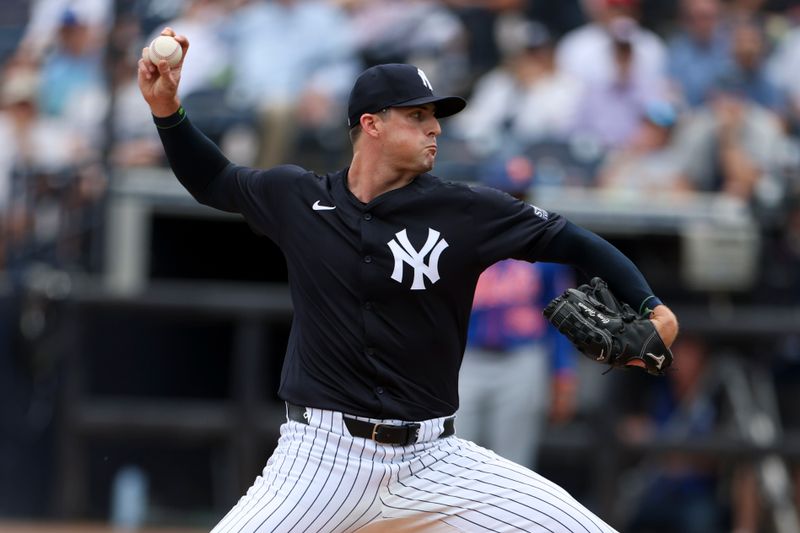 Mar 25, 2024; Tampa, Florida, USA;  New York Yankees relief pitcher Clay Holmes (35) throws a pitch against the New York Mets in the sixth inning at George M. Steinbrenner Field. Mandatory Credit: Nathan Ray Seebeck-USA TODAY Sports