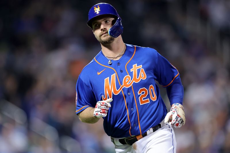 Sep 30, 2023; New York City, New York, USA; New York Mets designated hitter Pete Alonso (20) reacts after flying out during the first inning against the Philadelphia Phillies at Citi Field. Mandatory Credit: Brad Penner-USA TODAY Sports