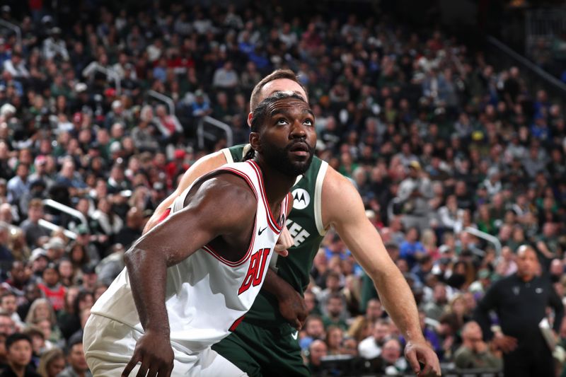 MILWAUKEE, WI - OCTOBER 25: Patrick Williams #44 of the Chicago Bulls boxes out during the game against the Milwaukee Bucks on October 25, 2024 at the Fiserv Forum Center in Milwaukee, Wisconsin. NOTE TO USER: User expressly acknowledges and agrees that, by downloading and or using this Photograph, user is consenting to the terms and conditions of the Getty Images License Agreement. Mandatory Copyright Notice: Copyright 2024 NBAE (Photo by Gary Dineen/NBAE via Getty Images).