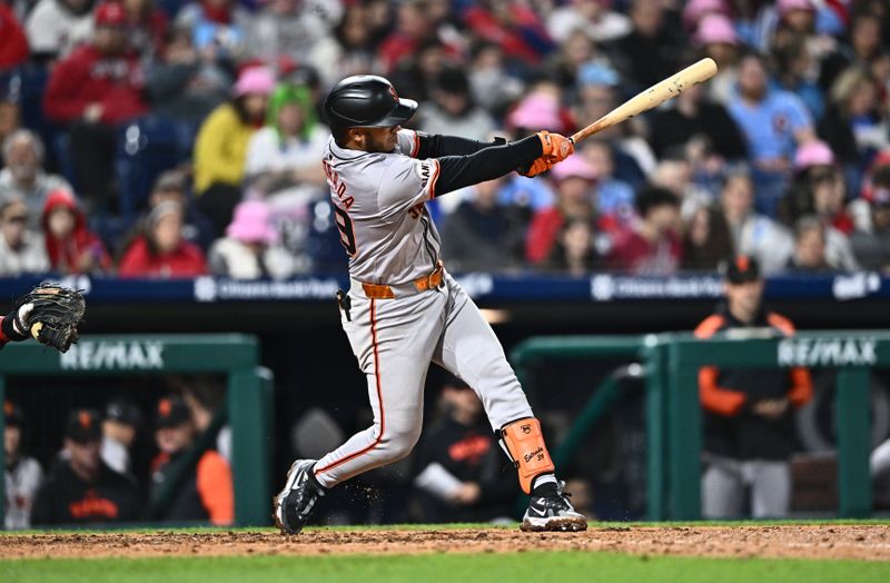 May 5, 2024; Philadelphia, Pennsylvania, USA; San Francisco Giants second baseman Thairo Estrada (39) hits a two-run home run against the Philadelphia Phillies in the seventh inning at Citizens Bank Park. Mandatory Credit: Kyle Ross-USA TODAY Sports